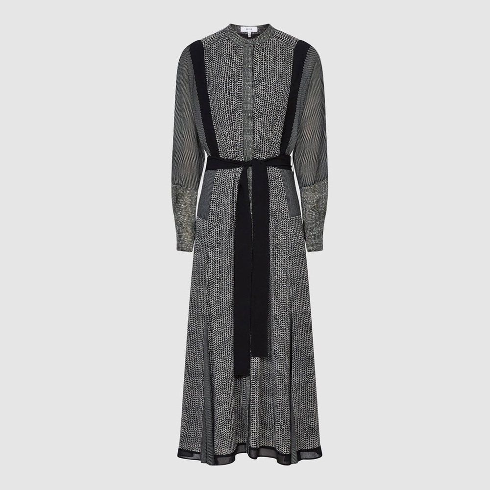 NWOT Reiss Mixed Print Tanis Mixed Print Midi Dress in Black, size 2.